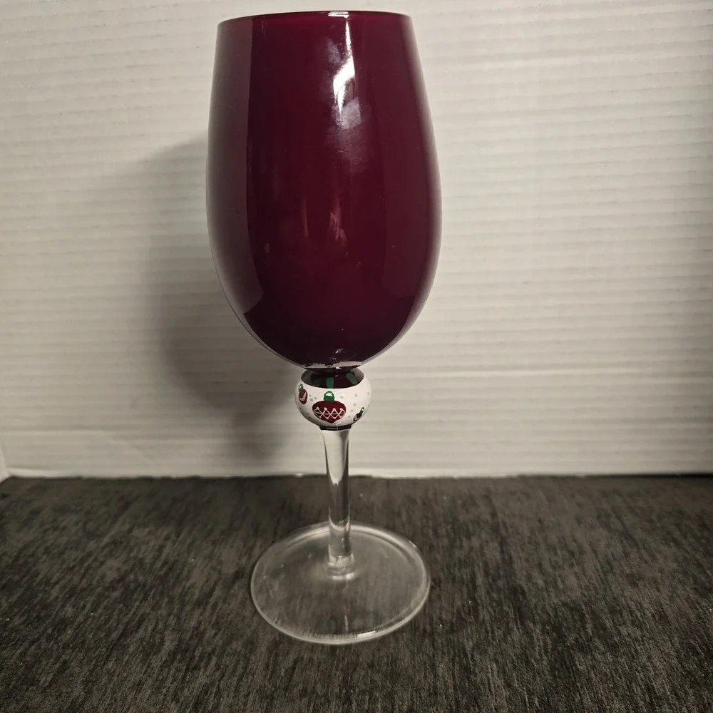 Holiday Hand Painted Cranberry Red Wine Glass Christmas Ornament Stem 9 Inch